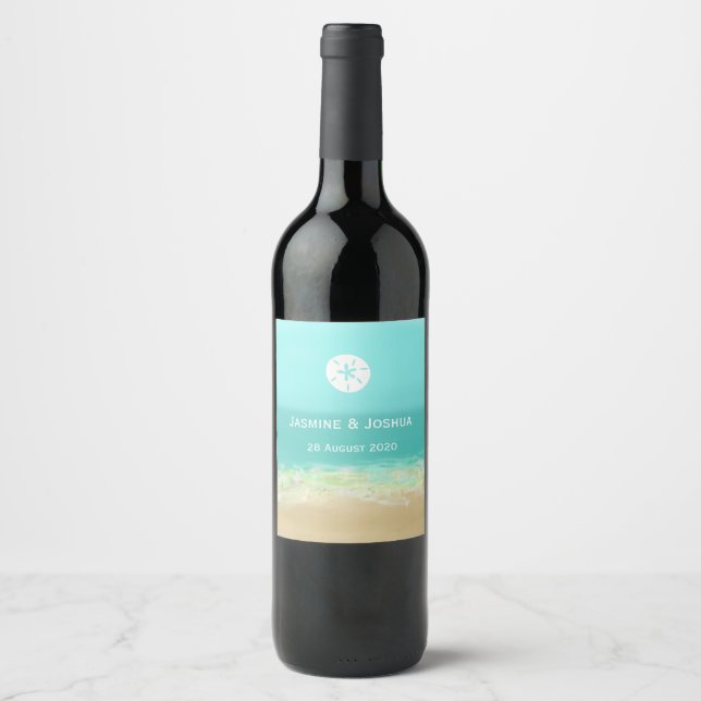 Aqua blue water/painted beach seashore personalise wine label (Front)