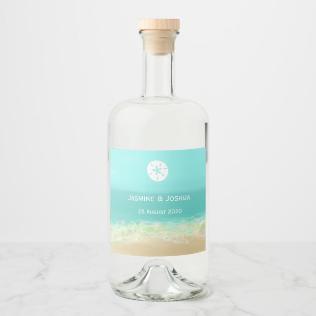 Aqua blue water/painted beach seashore  wedding liquor bottle label (Front)