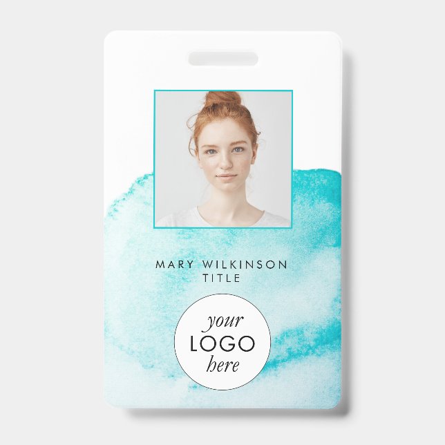 Aqua Blue Watercolor Background Badge ID Badge (Front)