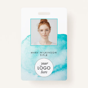 Aqua Blue Watercolor Background Badge ID Badge