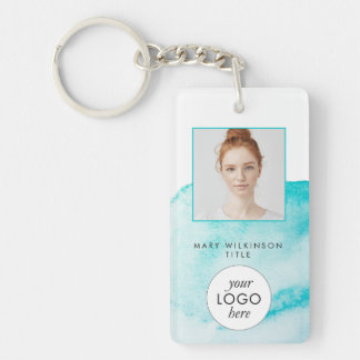 Aqua Blue Watercolor Background Badge Key Ring