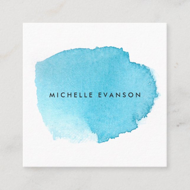 Aqua Blue Watercolor Brushstroke Makeup Artist Square Business Card (Front)