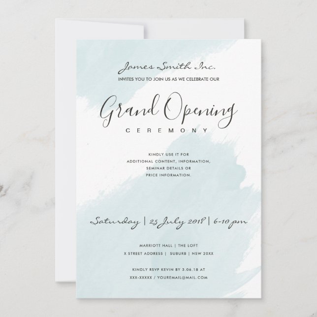 AQUA BLUE  WATERCOLOR BRUSHSTROKE OPENING CEREMONY INVITATION (Front)