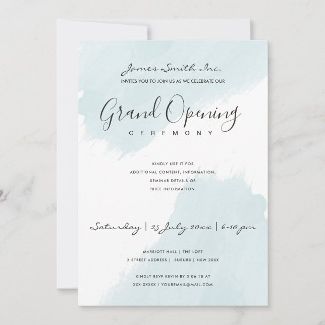 AQUA BLUE  WATERCOLOR BRUSHSTROKE OPENING CEREMONY INVITATION (Front)