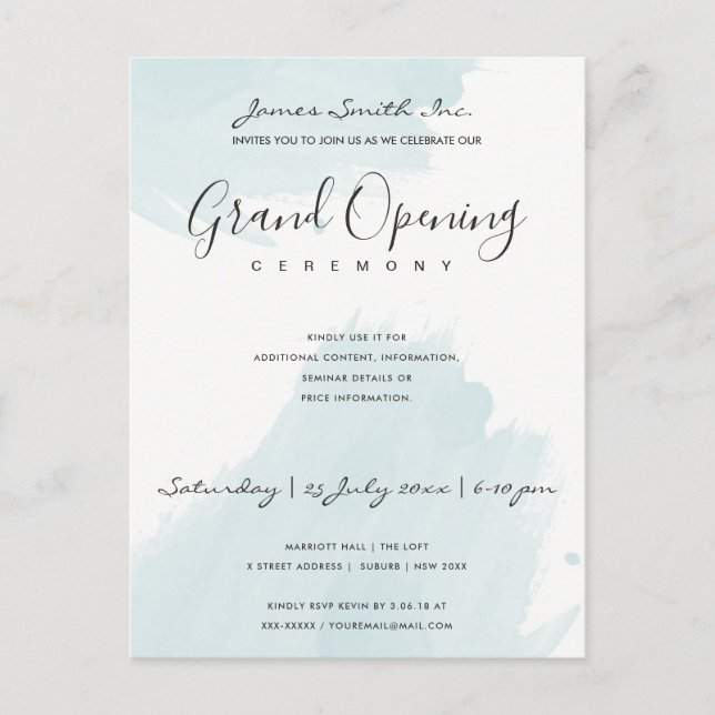 AQUA BLUE  WATERCOLOR BRUSHSTROKE OPENING CEREMONY POSTCARD (Front)