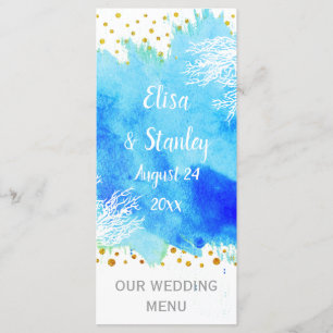 Aqua blue watercolor, coral reef wedding menu card