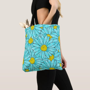 Aqua Blue Watercolor Daisy Pattern Tote Bag