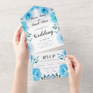 Aqua blue watercolor flowers fall wedding all in one invitation