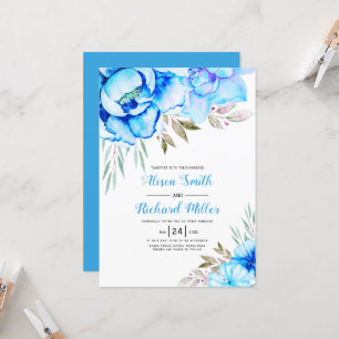 Aqua blue watercolor flowers floral wedding invitation