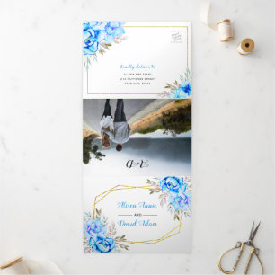 Aqua blue watercolor flowers with RSVP wedding  Tri-Fold Invitation