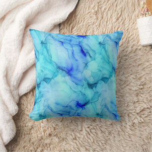 Aqua Blue Watercolor Fluid Marble Cushion