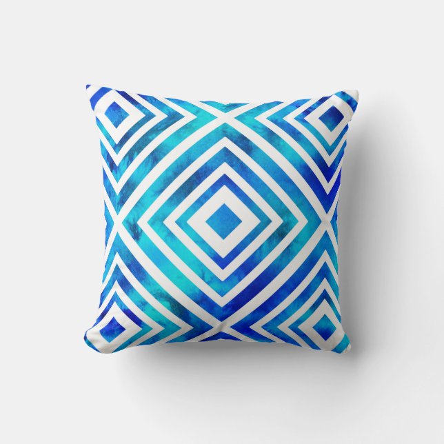 Aqua Blue Watercolor Geometric Cushion (Front)