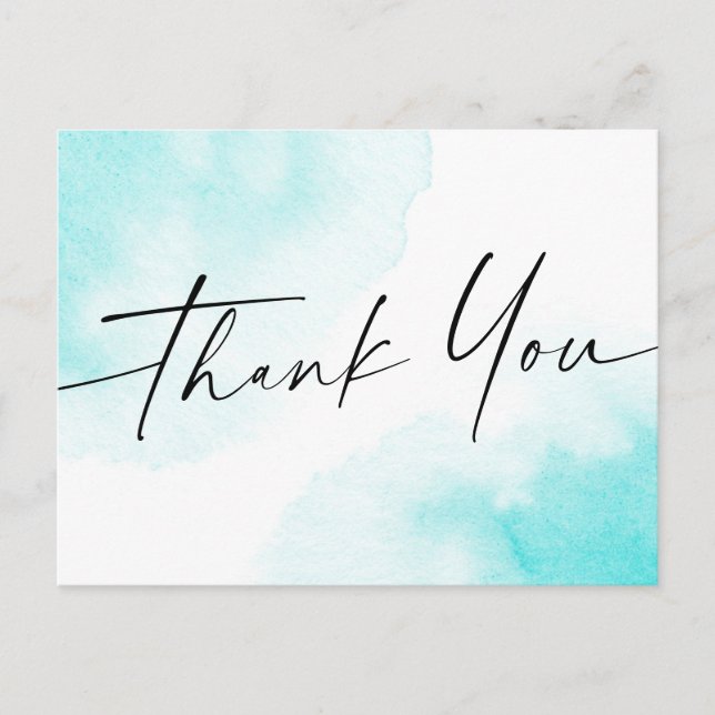 Aqua blue watercolor handwritten script thank you postcard (Front)