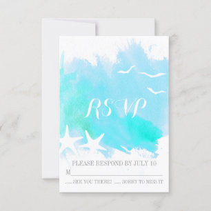 Aqua blue watercolor splash, starfish wedding RSVP Card