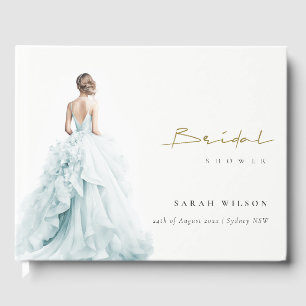 Aqua Blue Watercolor Wedding Gown Bridal Shower Guest Book