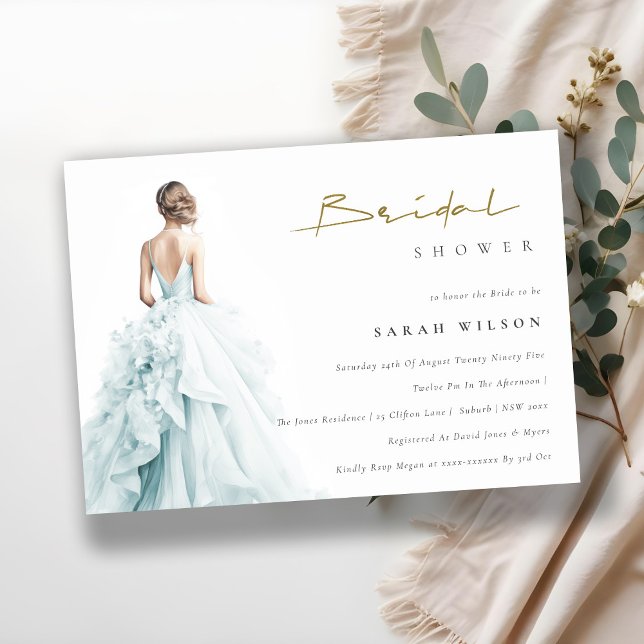 Aqua Blue Watercolor Wedding Gown Bridal Shower Invitation (Creator Uploaded)