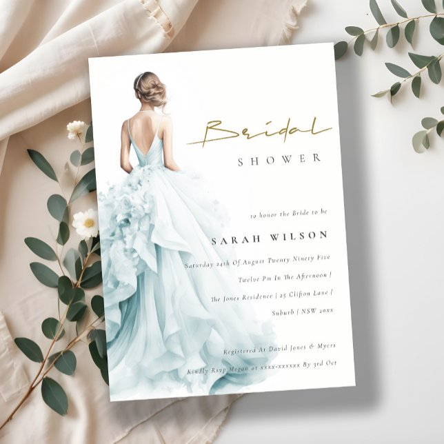 Aqua Blue Watercolor Wedding Gown Bridal Shower Invitation (Creator Uploaded)