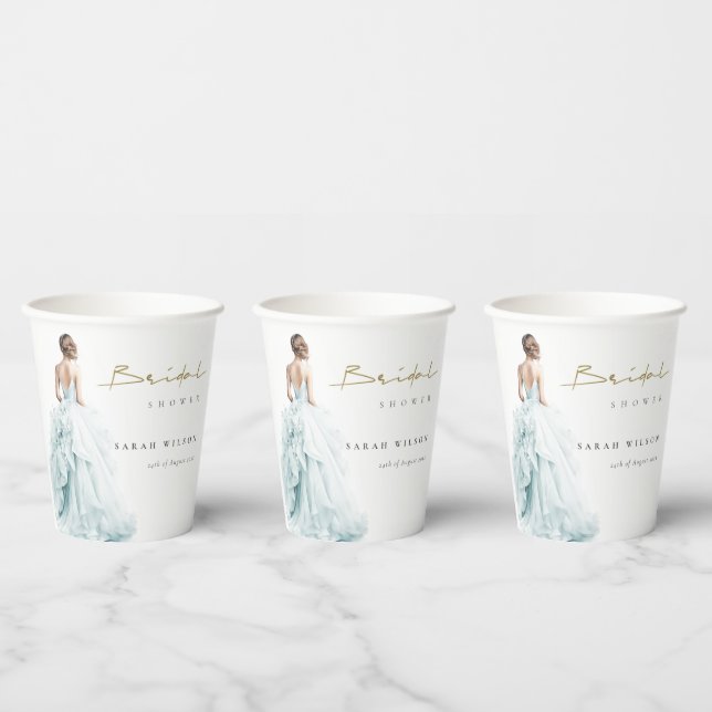 Aqua Blue Watercolor Wedding Gown Bridal Shower Paper Cups (Multi)