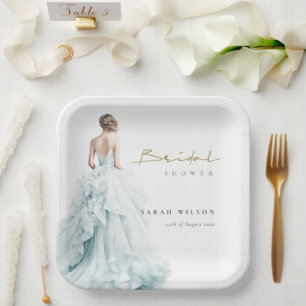 Aqua Blue Watercolor Wedding Gown Bridal Shower Paper Plate