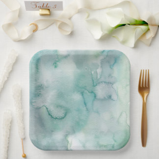 Aqua Blue Watercolor Wedding Paper Plates