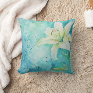 Aqua Blue Watercolor White Lily Floral  Cushion