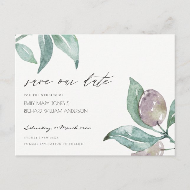 AQUA BLUE WATERCOLOUR FOLIAGE OLIVE SAVE THE DATE ANNOUNCEMENT POSTCARD (Front)