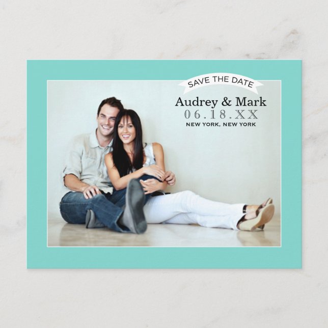 Aqua Blue Wedding Photo Save the Date Announcement Postcard (Front)