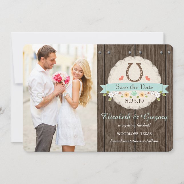 AQUA BLUE Western Horseshoe Save the Date Card (Front)