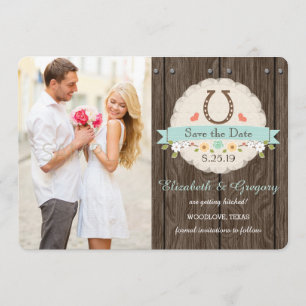 AQUA BLUE Western Horseshoe Save the Date Card