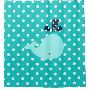 Aqua Blue Whale on Turquoise and White Polka Dots Shower Curtain