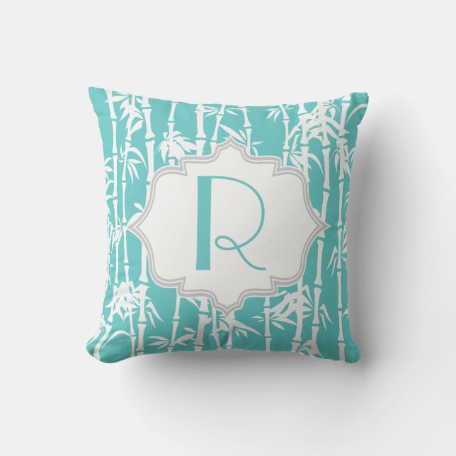 Aqua blue, white bamboo pattern custom cushion (Front)