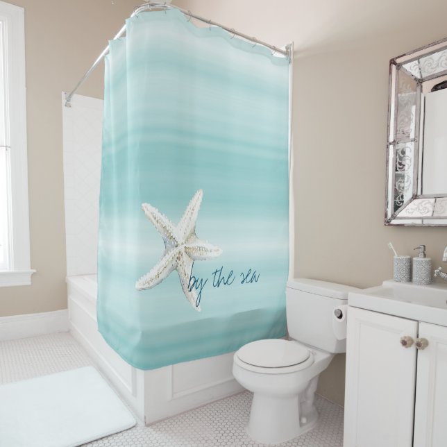 Aqua Blue White Beach Starfish       Shower Curtain (In Situ)