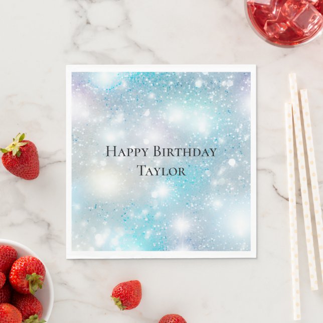 Aqua Blue White Bokeh Birthday Napkin (Insitu)