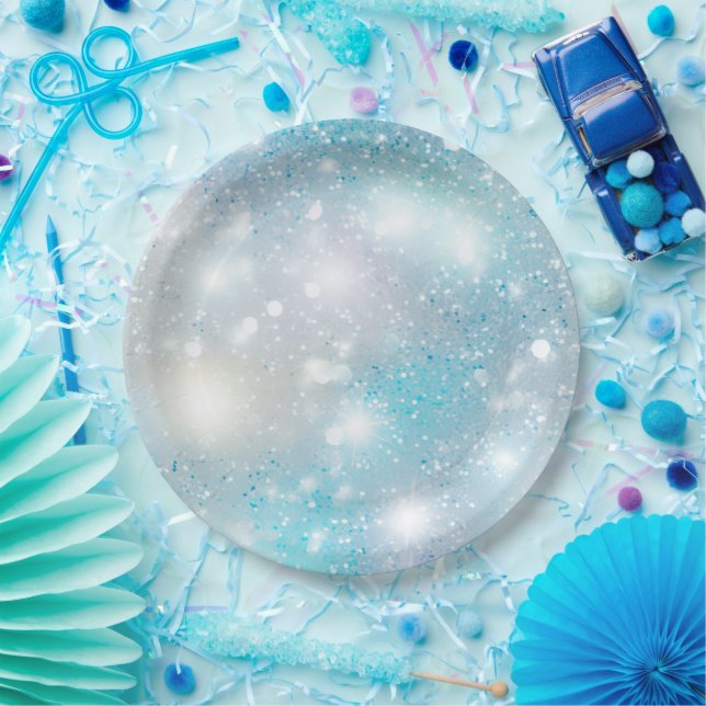 Aqua Blue White Bokeh Birthday Paper Plate (Party)