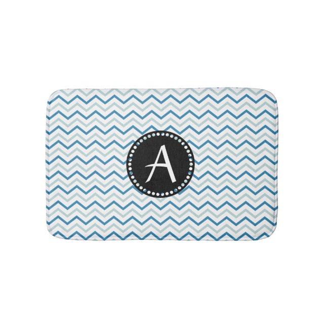 Aqua Blue & white Chevron zigzag Patter Monogram Bath Mat (Front)