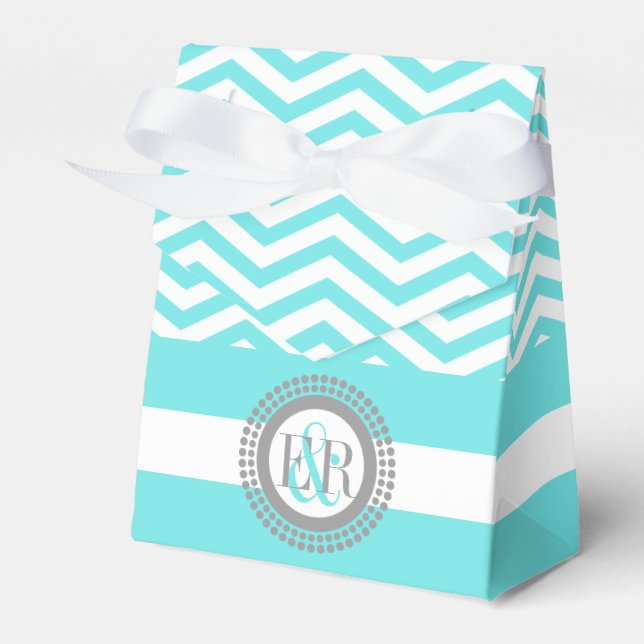 Aqua blue, white chevron zigzag pattern wedding favour box (Front Side)