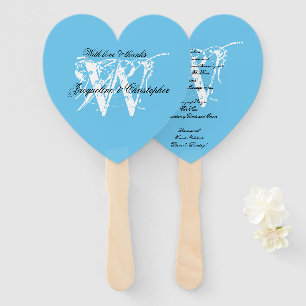 Aqua Blue & White Chic Monogram Wedding Program Hand Fan