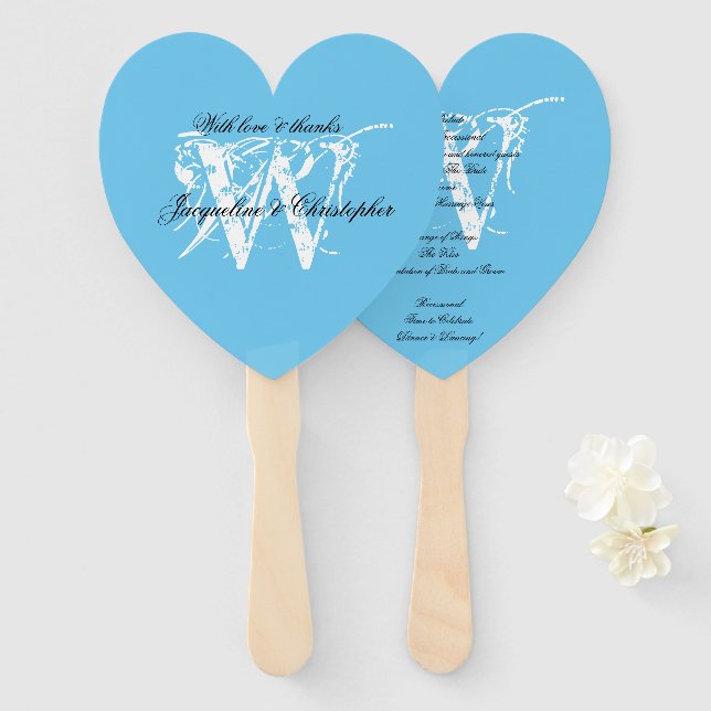 Aqua Blue & White Chic Monogram Wedding Program  Hand Fan (Front and Back)