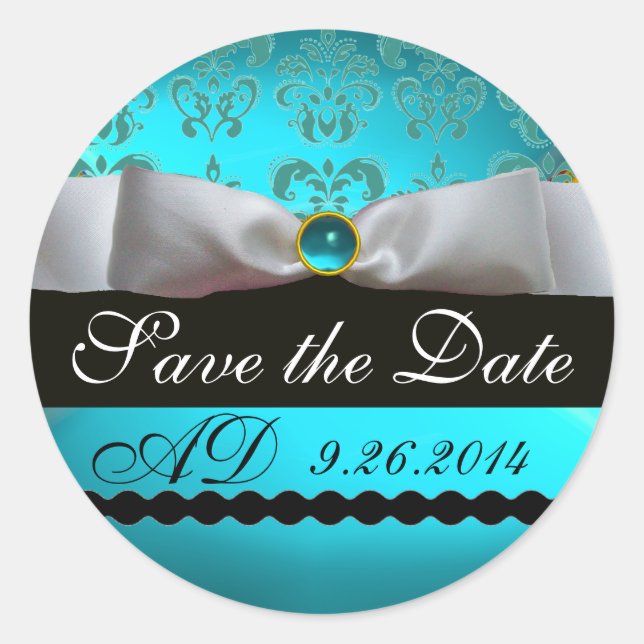 AQUA BLUE WHITE DAMASK RIBBON MONOGRAM Gemstone Classic Round Sticker (Front)