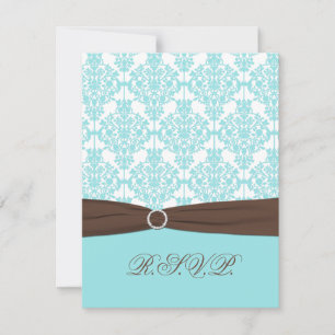 Aqua Blue, White Damask with Brown FAUX Ribbon RSVP Card