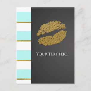 Aqua Blue & White Faux Gold Shimmer Lips Event Postcard