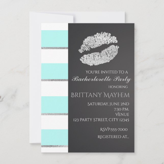 Aqua Blue & White Faux Silver Lips Kiss Party Invitation (Front)