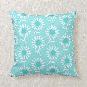 Aqua Blue White Floral Decorative Pillow