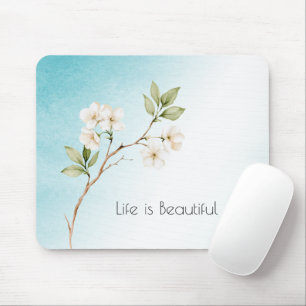 Aqua Blue White Floral Mouse Mat
