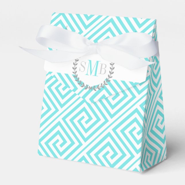 Aqua blue, white Greek key monogram wedding Favour Box (Front Side)