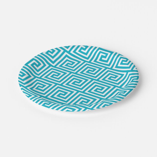 Aqua Blue White Greek Key Pattern Paper Plate (Angled)