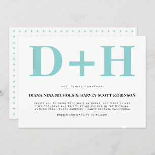Aqua blue, white initials bold typography wedding invitation