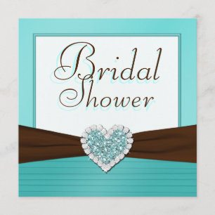 Aqua Blue, White Jewel Heart Bridal Shower Invite