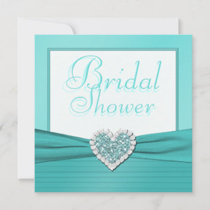 Aqua Blue, White Jewel Heart Bridal Shower Invite