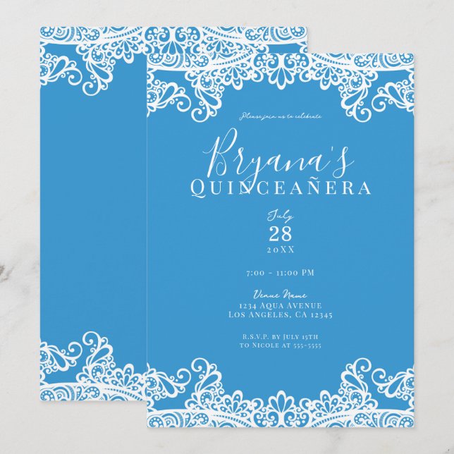 Aqua Blue & White Lace Elegant Quinceañera Party Invitation (Front/Back)